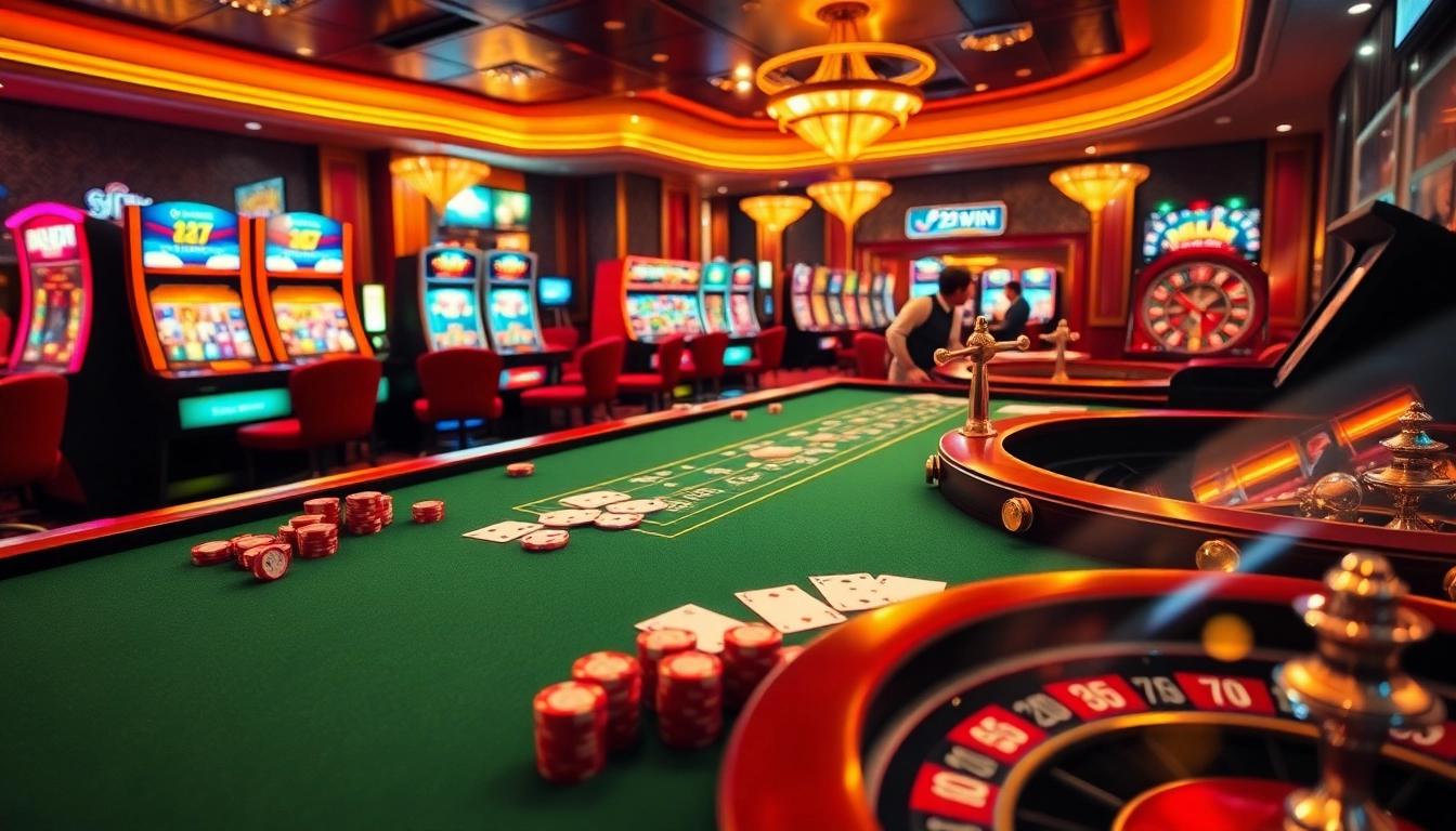 Experience the thrill of luxurious gaming at 32win.style with vibrant casino visuals of tables and slot machines.
