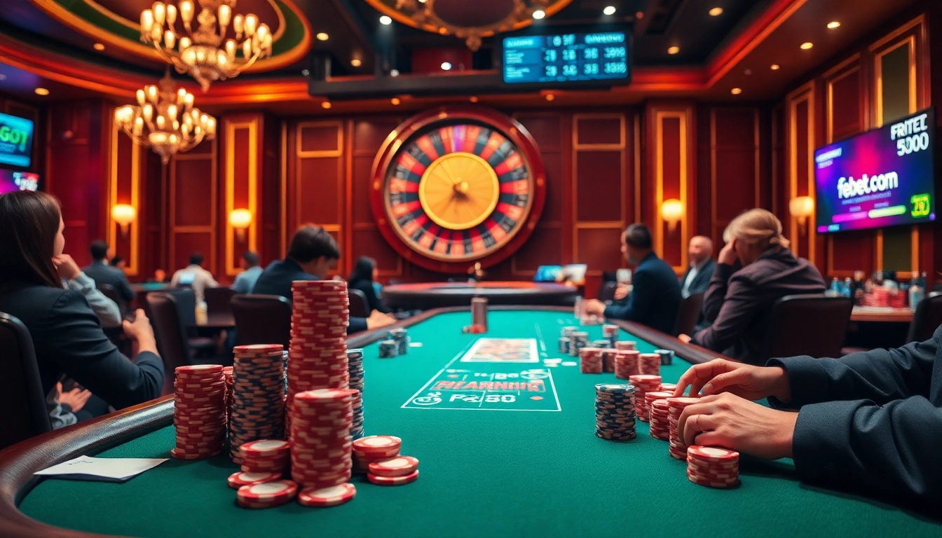 Gamblers engaging at a high-stakes poker table representing febet.com excitement in a luxurious casino atmosphere.