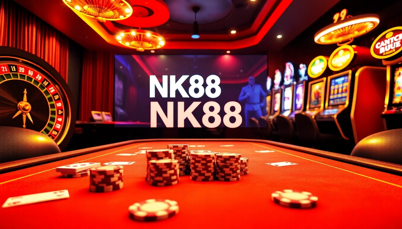 Experience the thrill of NK88 gaming with vibrant poker chips and a roulette table.