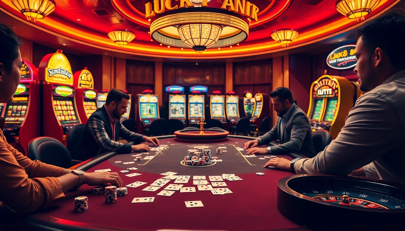 Players enjoying high-stakes poker at a vibrant casino table in luck88 net's luxury gaming environment.