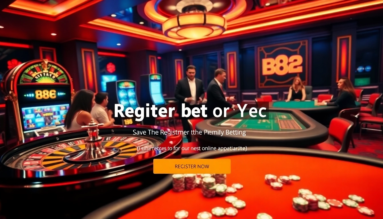 Experience the excitement of ĐĂNG KÝ B8 with vibrant casino visuals featuring roulette and slot machines.