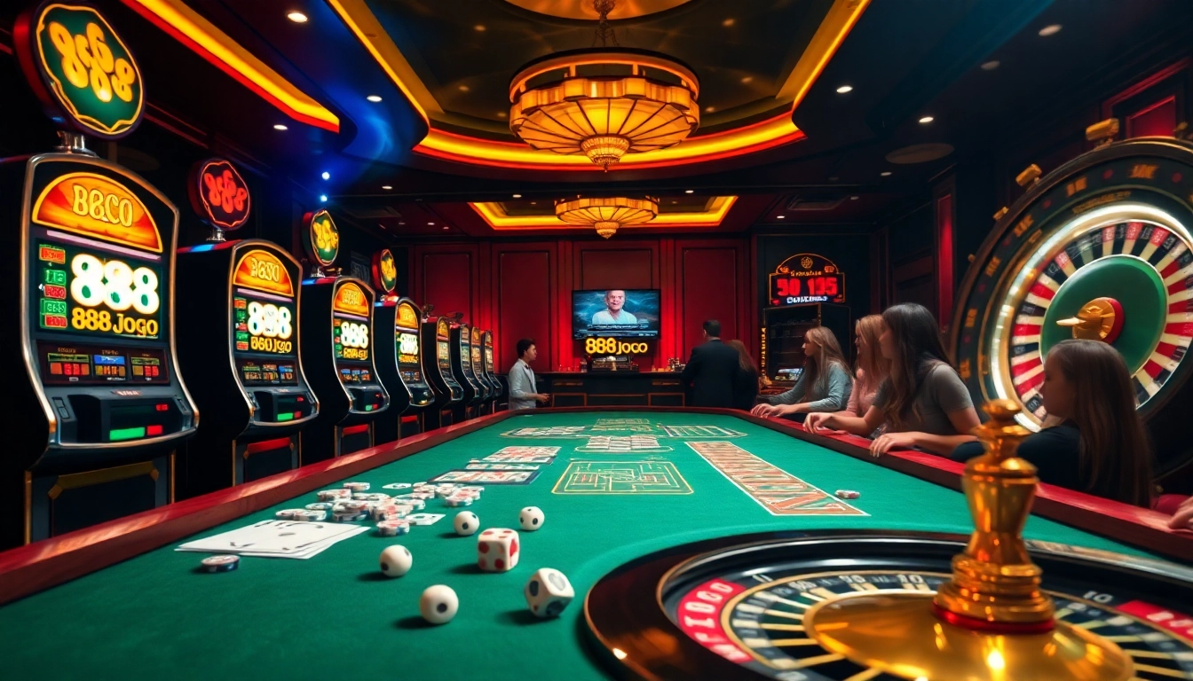 Jugadores disfrutando de una noche de juego emocionante en el casino 888jogo, con máquinas tragamonedas vibrantes y ruleta.