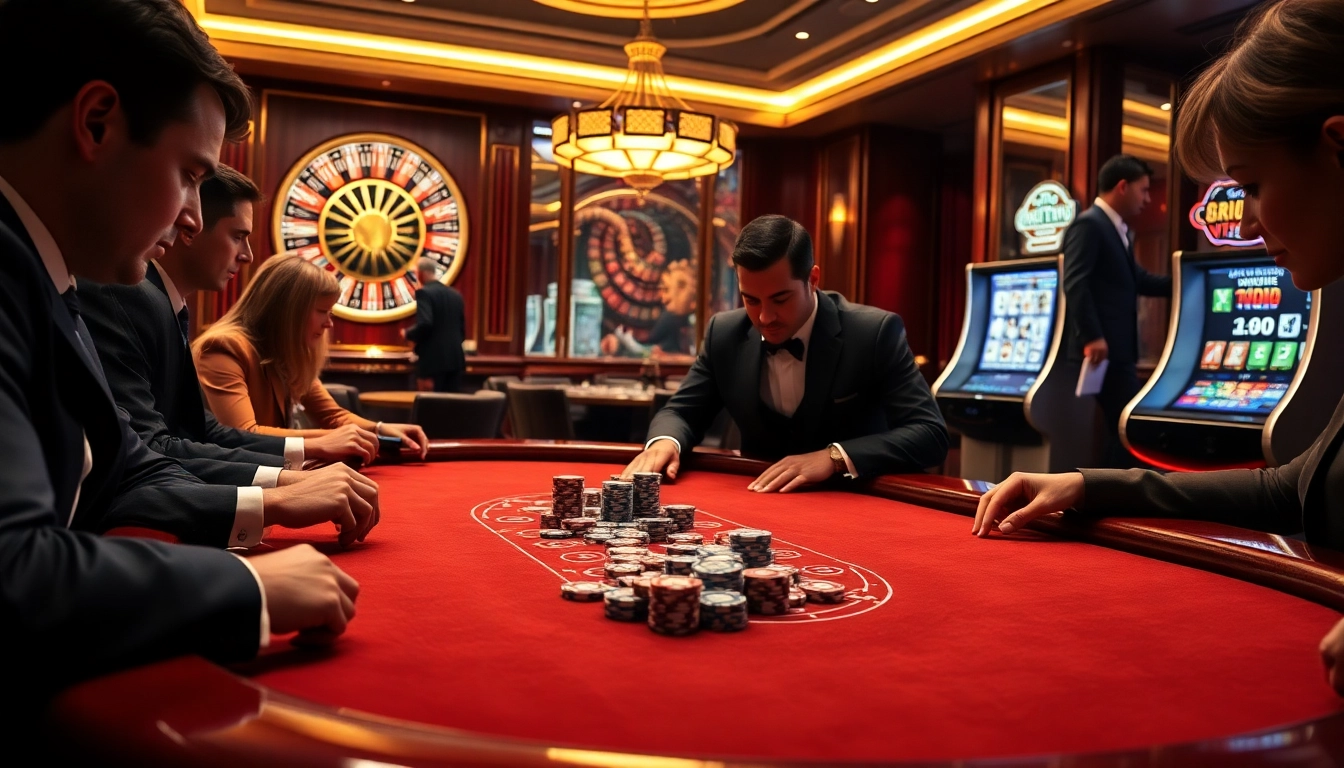 Exciting poker action at a luxurious casino table featuring lodetructuyen with vibrant chips and roulette wheel.