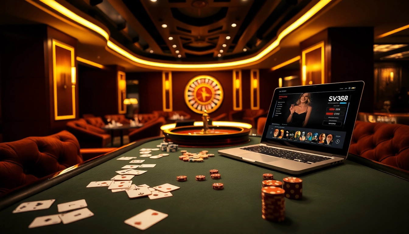 Engaging scene of SV368 online casino gaming experience with dynamic roulette and poker table.