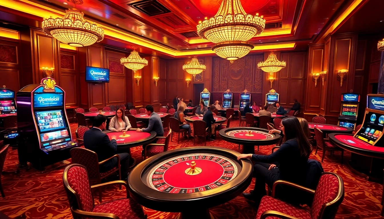 A vibrant casino scene capturing excitement around 9keonhacai.com with players engaging in poker and blackjack.