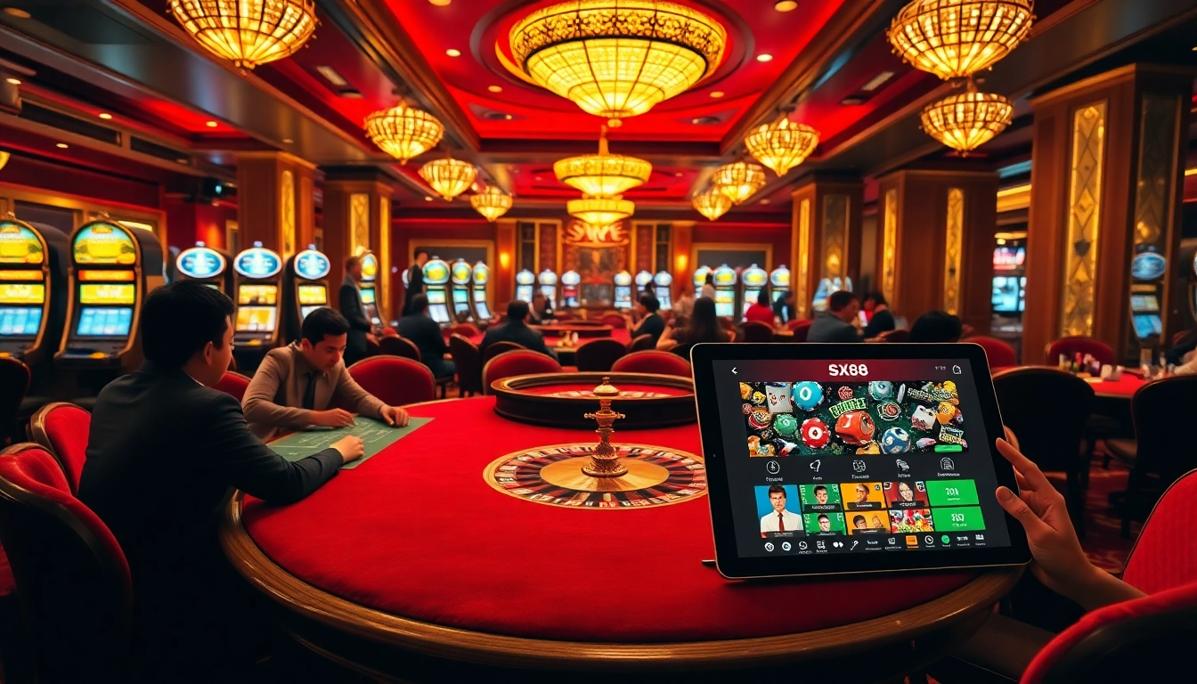 SX88 casino scene with poker tables, vibrant colors, and engaging gaming experiences.