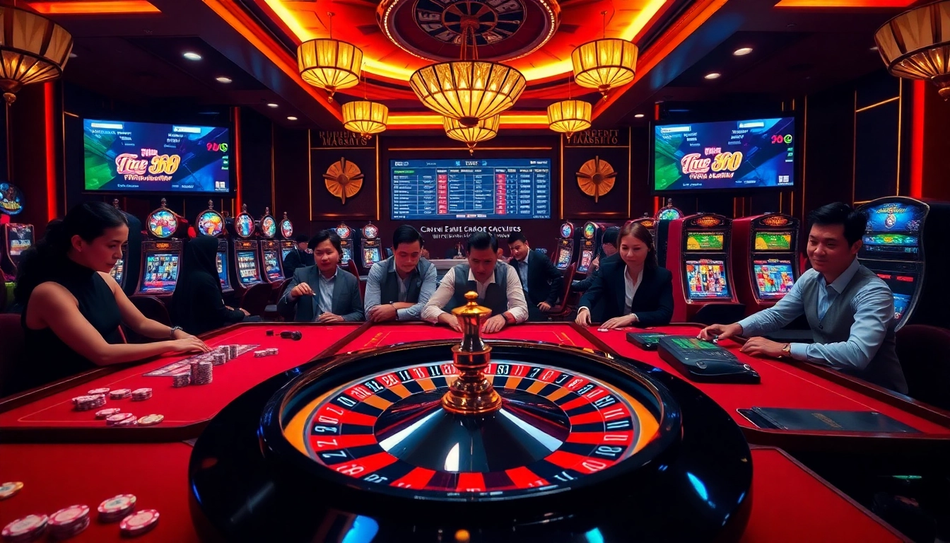Exciting gambling scene featuring Nhà Cái RR88 with players at tables and a spinning roulette wheel.