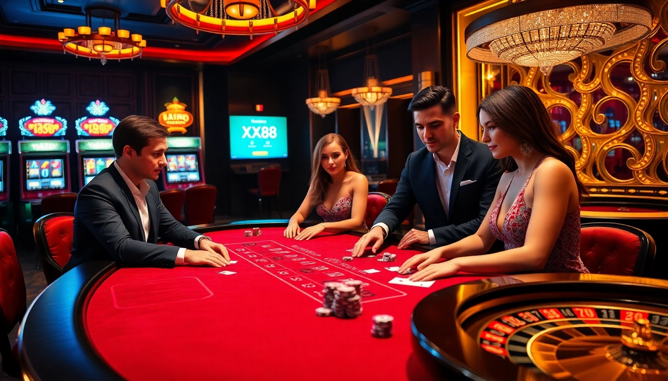 Experience the thrill of gameplay at XX88 Casino with vibrant betting scenes and luxurious surroundings.