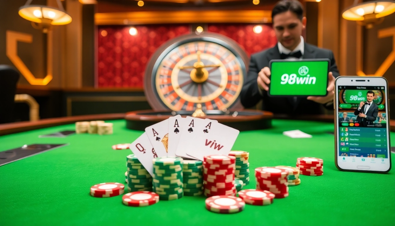 Engaging scene of poker at 98win casino featuring luxury tables and professional dealer.