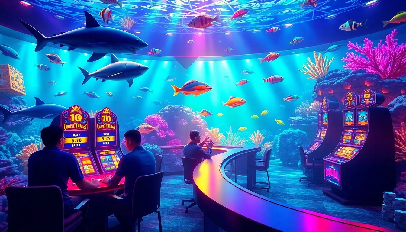 Bắn cá đổi thưởng thrilling underwater gambling scene with vibrant fish graphics and neon gaming elements.