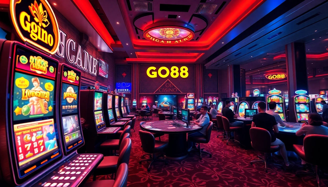 GO88 online gaming platform with vibrant casino visuals and players enjoying games.