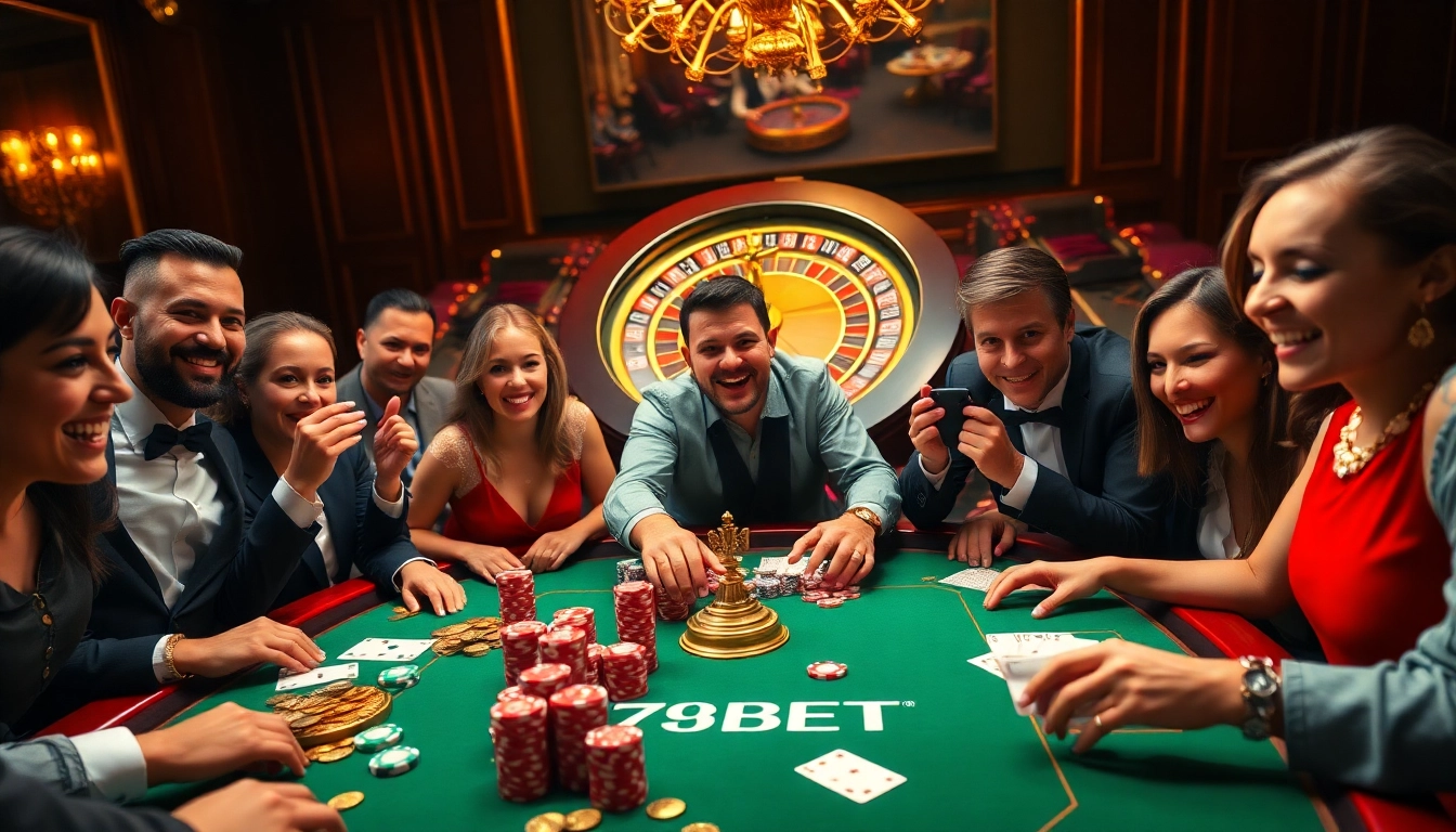 Excited players engaging with the vibrant 789 BET gaming table at a luxury casino.
