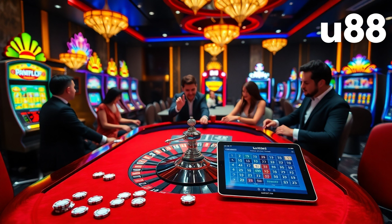 Experience the thrill of gambling at u88 with a vibrant casino scene featuring roulette and slot machines.