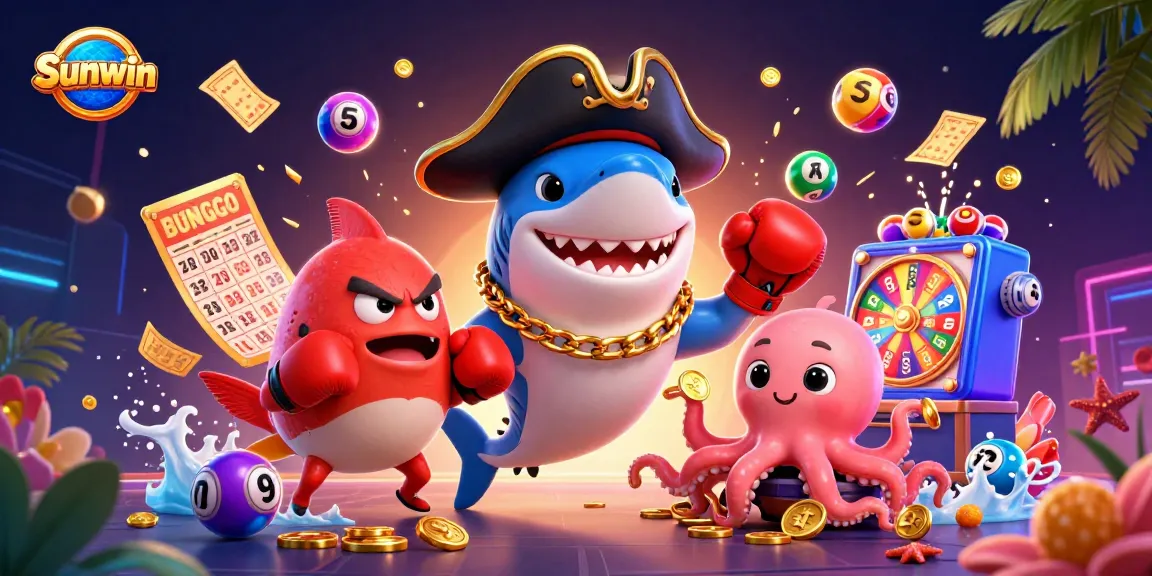 Sunwin's pirate shark celebrates with vibrant lottery elements and gold coins in an exciting casino scene.