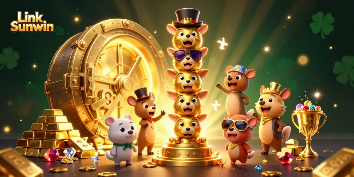Link Sunwin showcases a vibrant casino-themed scene filled with gems, totem pole, and dynamic energy.