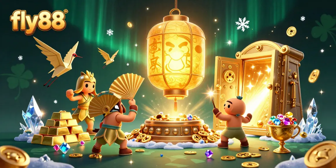 Fly88 captivates players with a golden lantern spirit and treasure-filled casino scene.