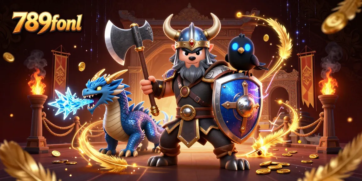 Engage with unique gaming adventures on 789fonl amidst a dynamic scene of Viking warriors and dragons.