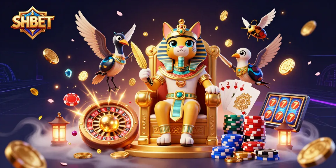 Experience the excitement of SHBET's gaming adventures with the pharaoh cat and dynamic casino elements.