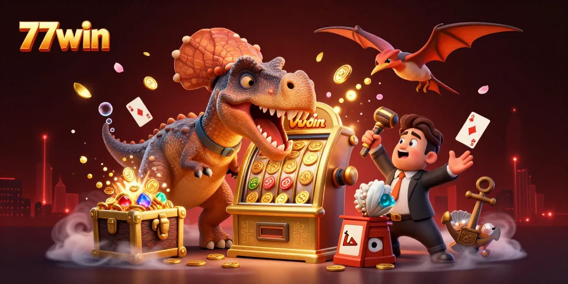 77win highlights a pachycephalosaurus winning jackpots, as underwater coins and treasures surround it, creating a vibrant casino scene.