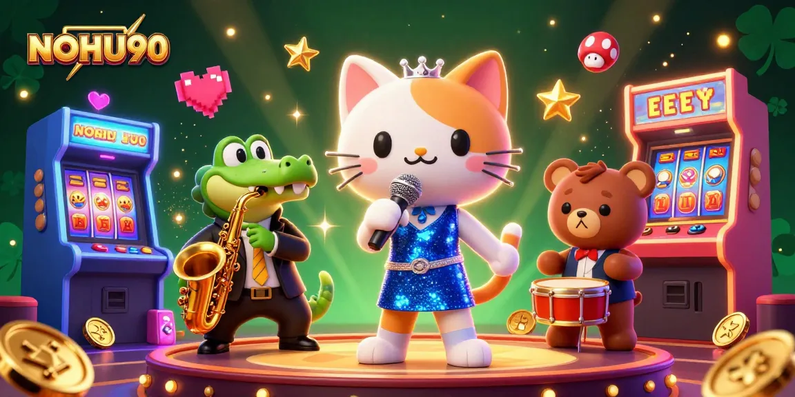 Engage with NOHU90's thrilling gaming experience alongside vibrant characters in a lively casino scene.