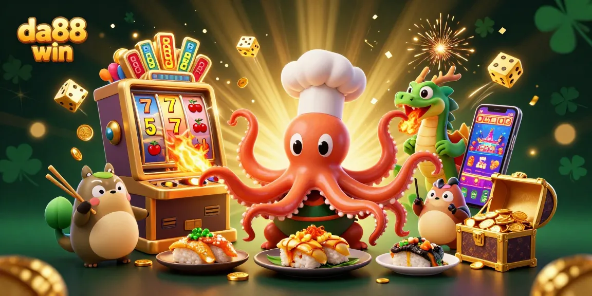 Catch the excitement at da88 win with a dynamic scene of a sushi chef octopus and dragon amid casino thrills.