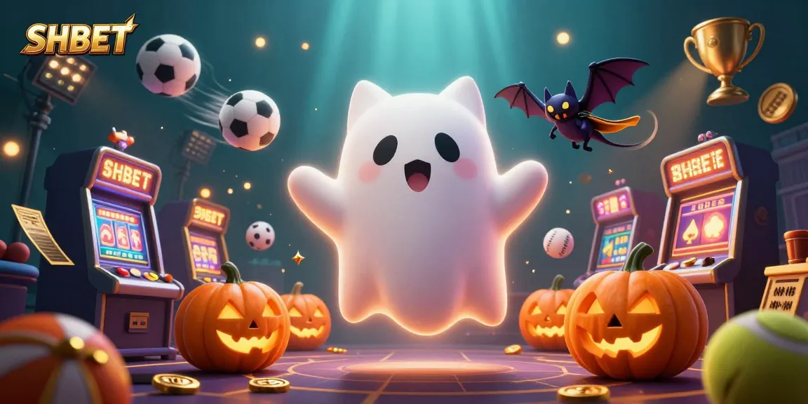 Experience thrilling games with SHBET: ghost cat and vampire bat in a haunted casino scene.