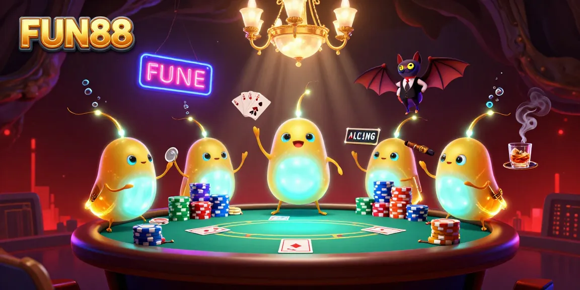 FUN88 shines in a vibrant casino scene with glowworm characters illuminating poker gameplay.